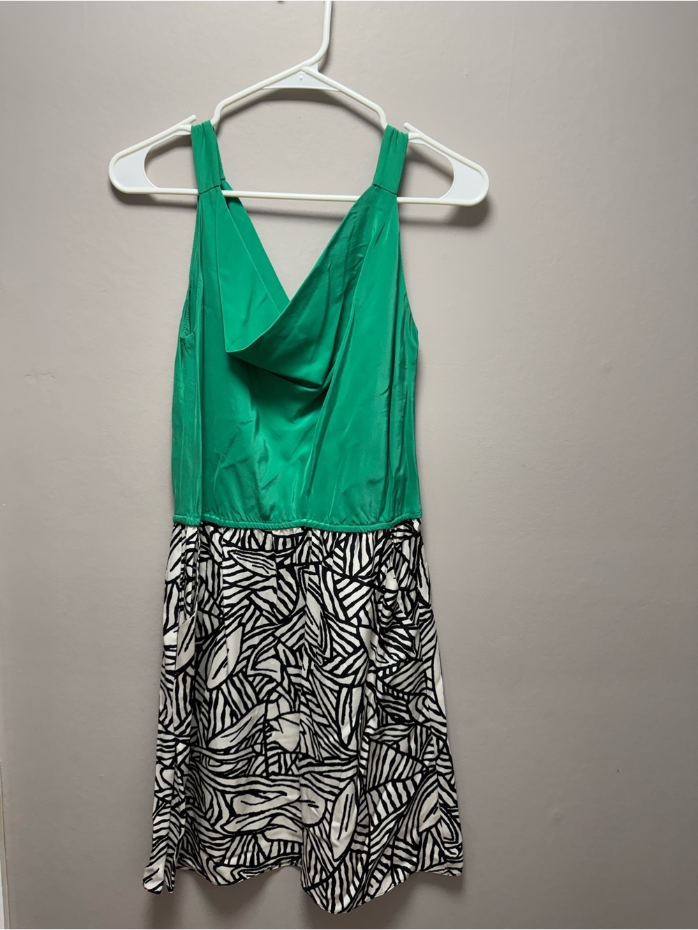 Nell Couture Emerald Green Bodice with Black and White Leaf-Print Midi Dress